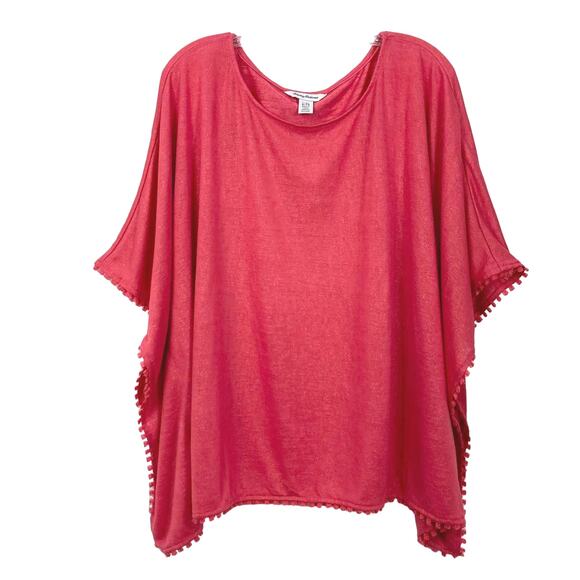 NWOT TOMMY BAHAMA Top Tunic Blouse Poncho Cover Up L/XL Pink Gold-Sparkle PomPom - Picture 1 of 11